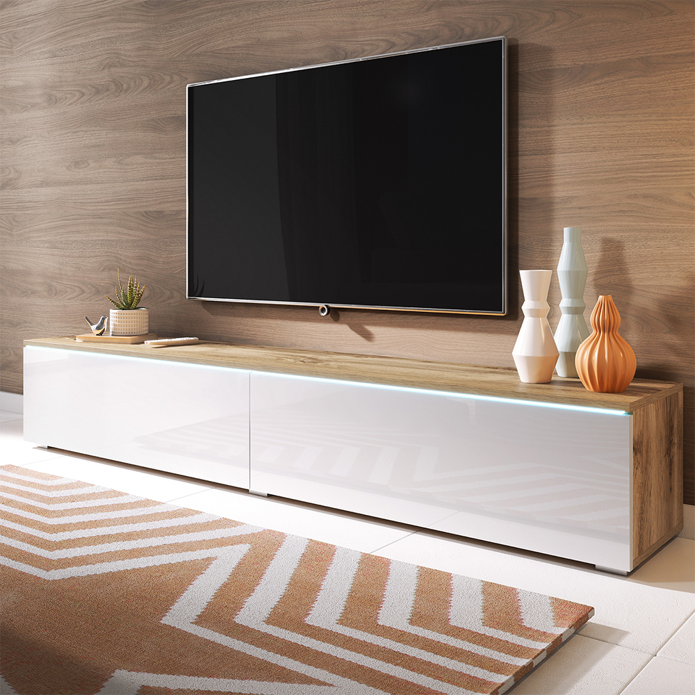 Meuble TV Meuble de salon KANE cm chêne wotan blanc brillant avec LED style