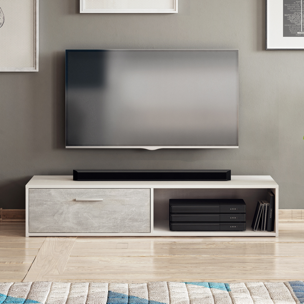  Meuble  TV  ROLLO 140 cm blanc b ton compartiment 